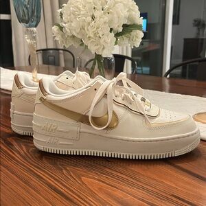 Nike Air Force 1 Women's Cream and Gold Sneakers